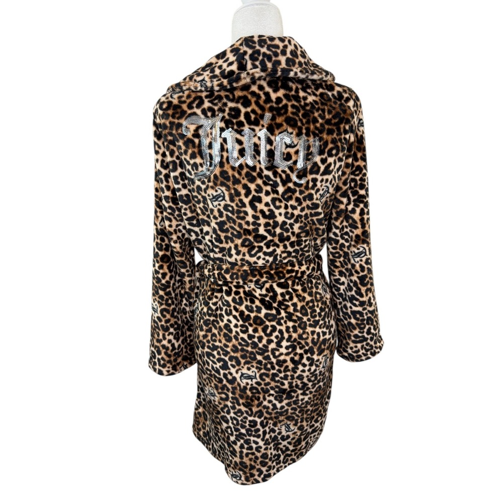 Juicy Couture Leopard Plush Robe S/M Sequin Logo Back Belted Loungewear NWT